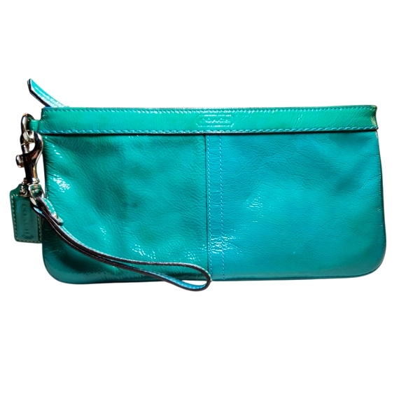 Coach Turquoise Teal Oversized Wristlet Clutch Bag‎ Patent Leather Wrist Strap - Picture 1 of 13